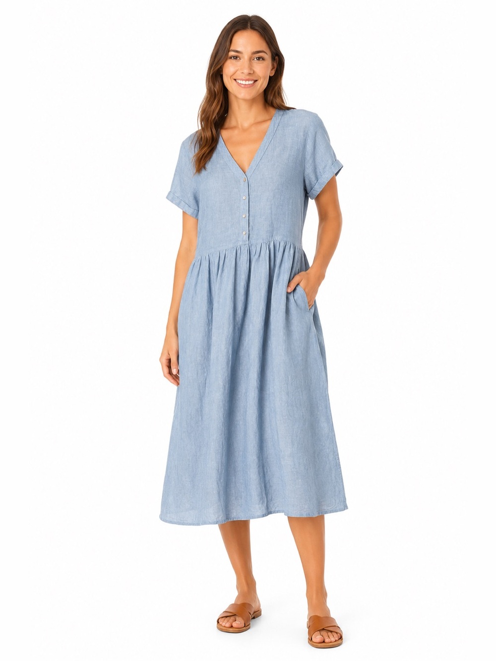 Poetry 100% Linen Blue Button Down Midi Maxi Dress with Pockets Size 12